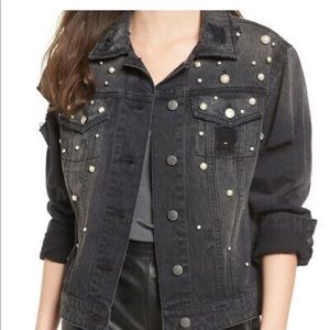 Tinsel Imitation Pearl Distressed Denim Jacket